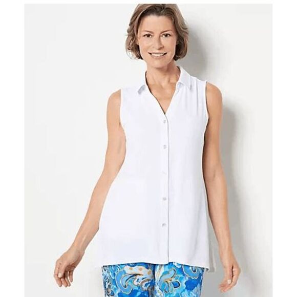 Susan Graver Womens 5X Liquid Knit Button Sleeveless Tunic Top White Flowy NWOT) - Picture 1 of 2